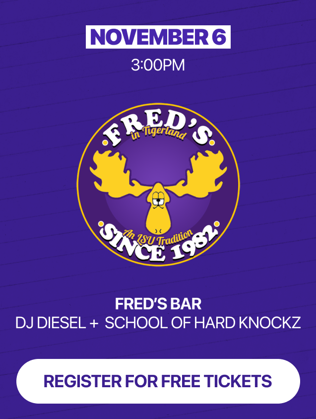 Event poster featuring a circular logo with a cartoon moose, text about a November 6 event at 3 PM with DJ Diesel and School of Hard Knockz at Fred's Bar in Tigerland, and a call to action to register for free tickets.