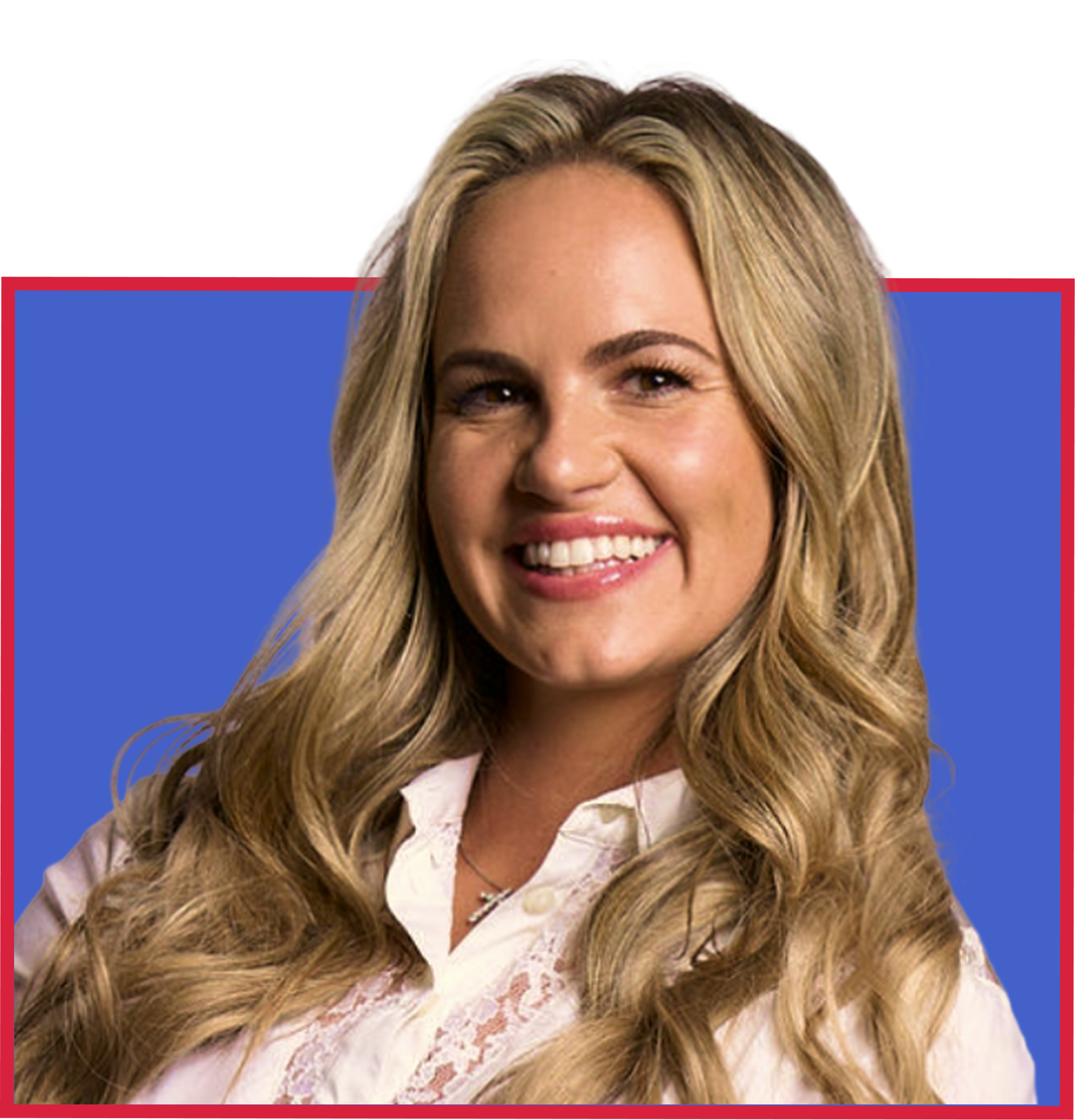 A woman with long, wavy blonde hair smiling against a blue background with a red border.