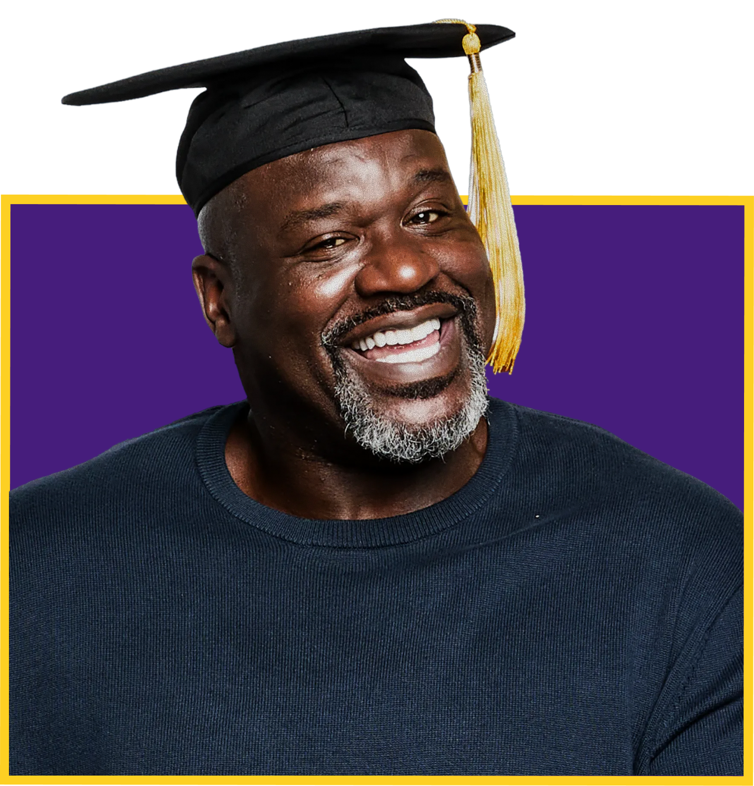 A cheerful middle-aged man with a beard, wearing a black graduation cap with a yellow tassel and a navy blue sweater, standing against a purple background with a yellow border.
