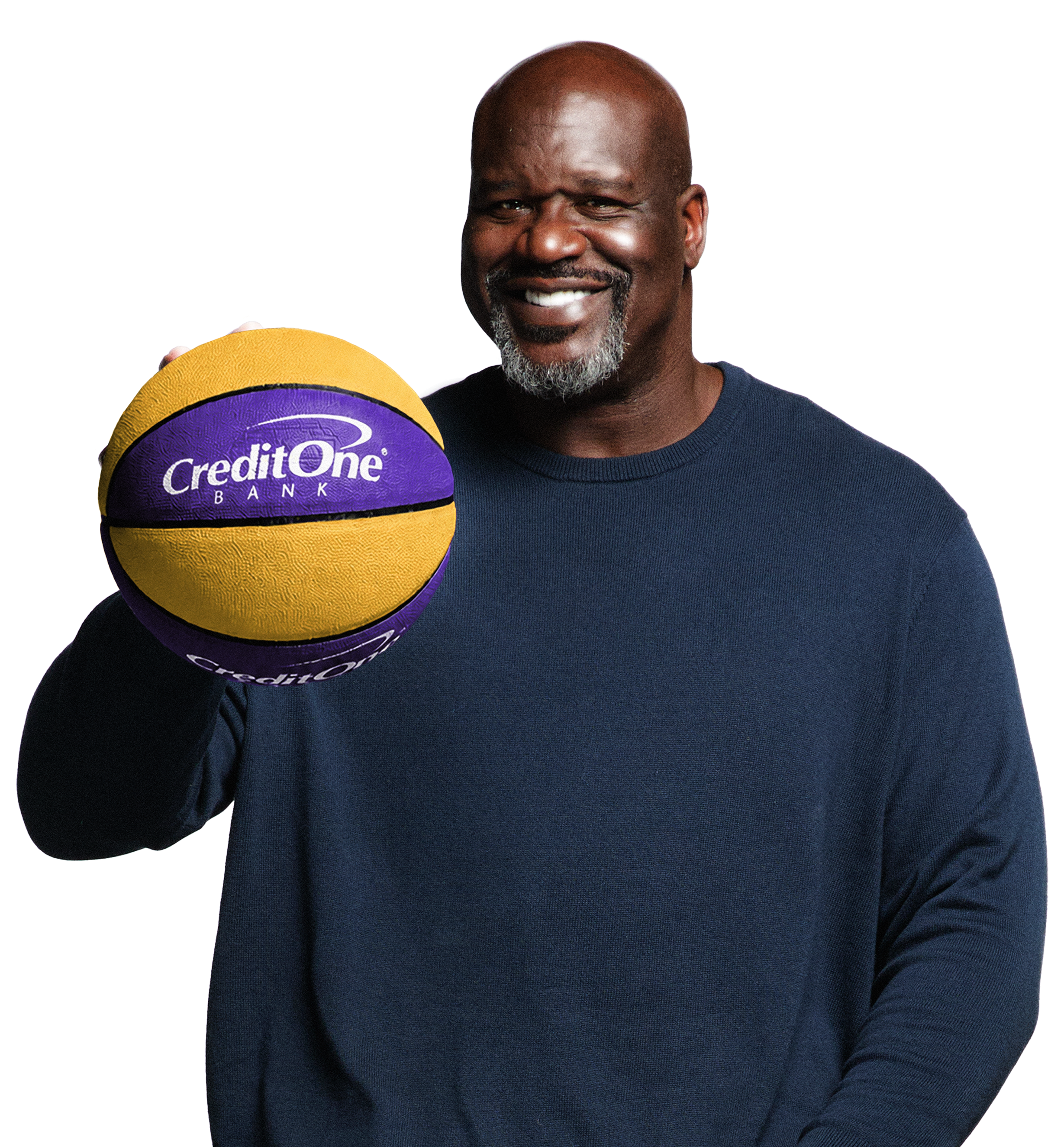 Smiling man holding a yellow and purple Credit One bank basketball.