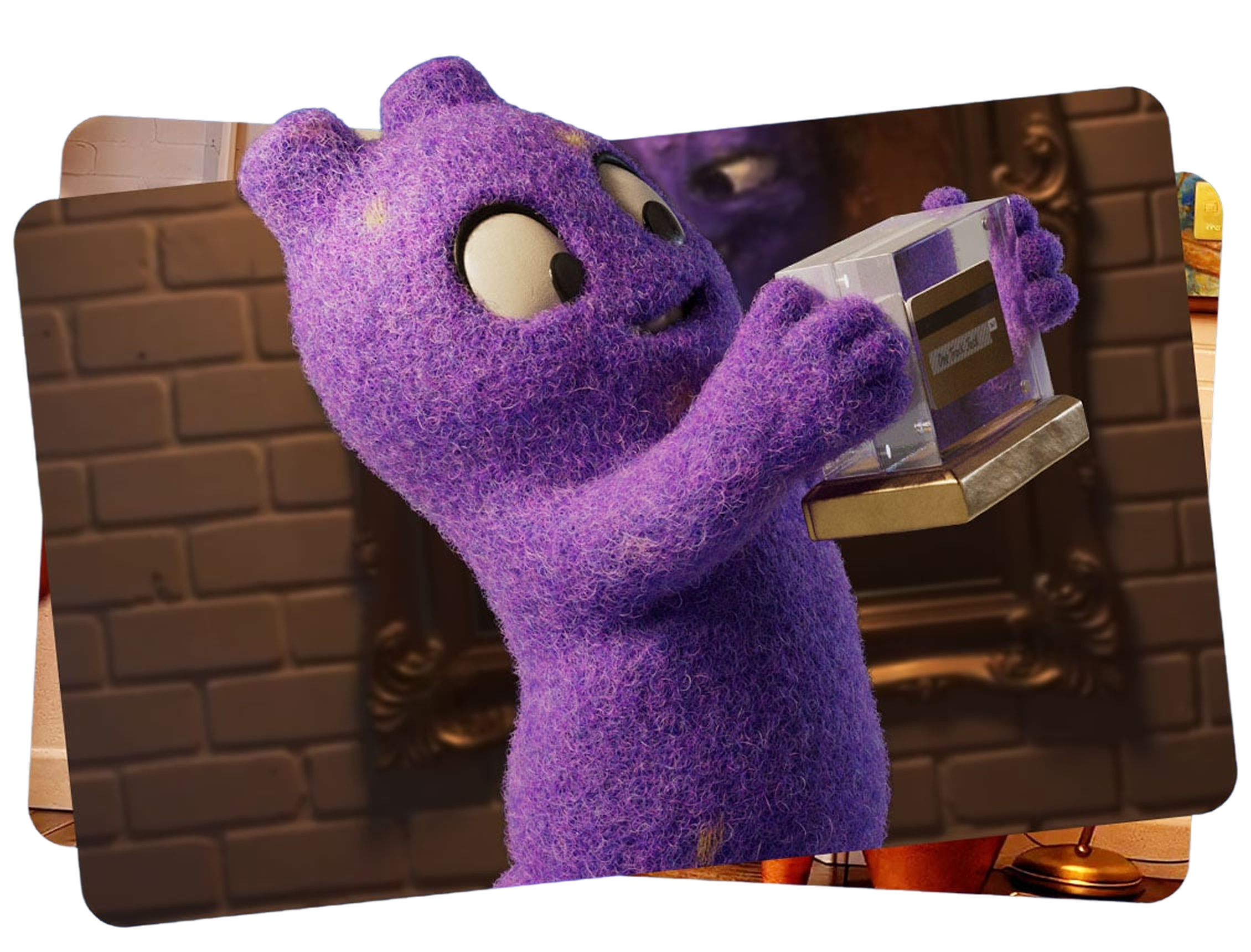 A person dressed in a purple, fuzzy teddy bear costume holding a card and a small plastic cup, standing in front of a brick wall.