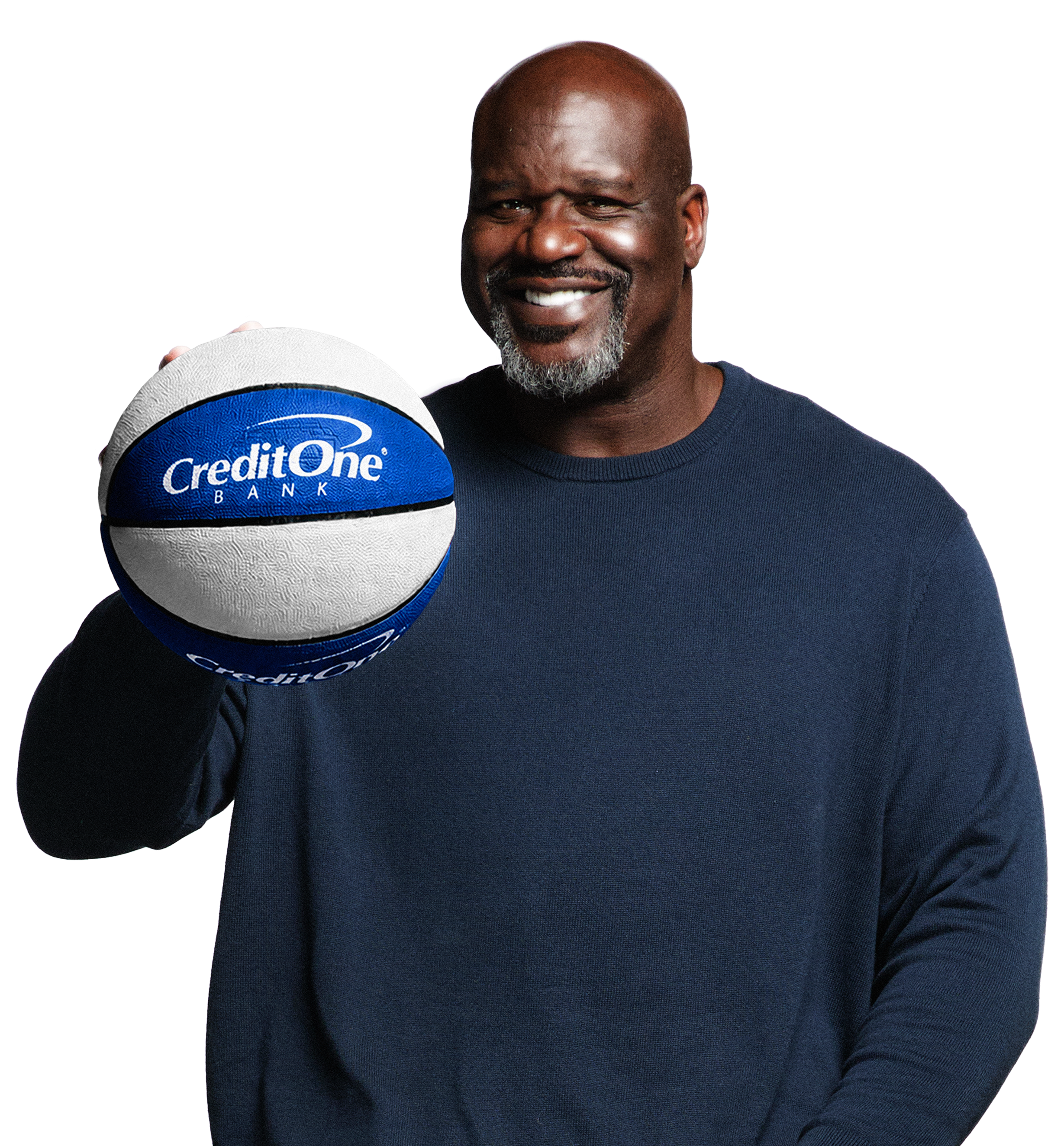 A smiling man holding a blue and white basketball with the 'Credit One Bank' logo.