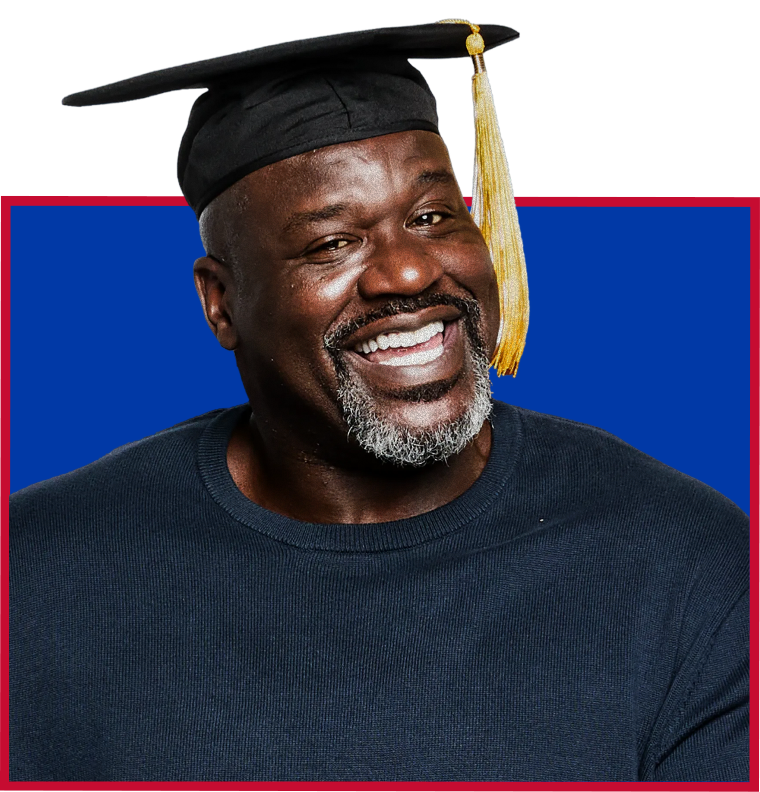 Man wearing a black graduation cap with a gold tassel, smiling, set against a blue background with a red border.