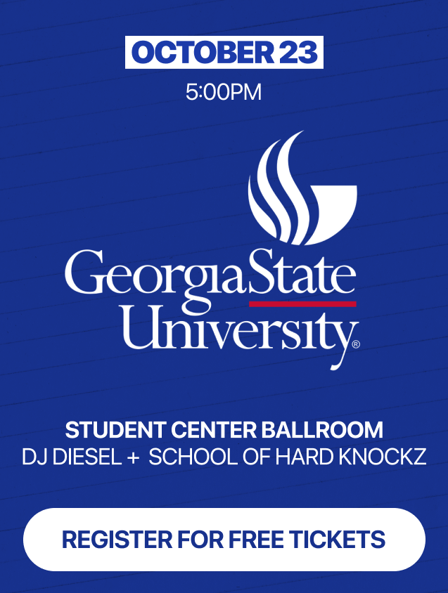 Event poster for Georgia State University with date October 23 at 5:00 PM, in the Student Center Ballroom featuring DJ Diesel and School of Hard Knockz, with a call to register for free tickets.