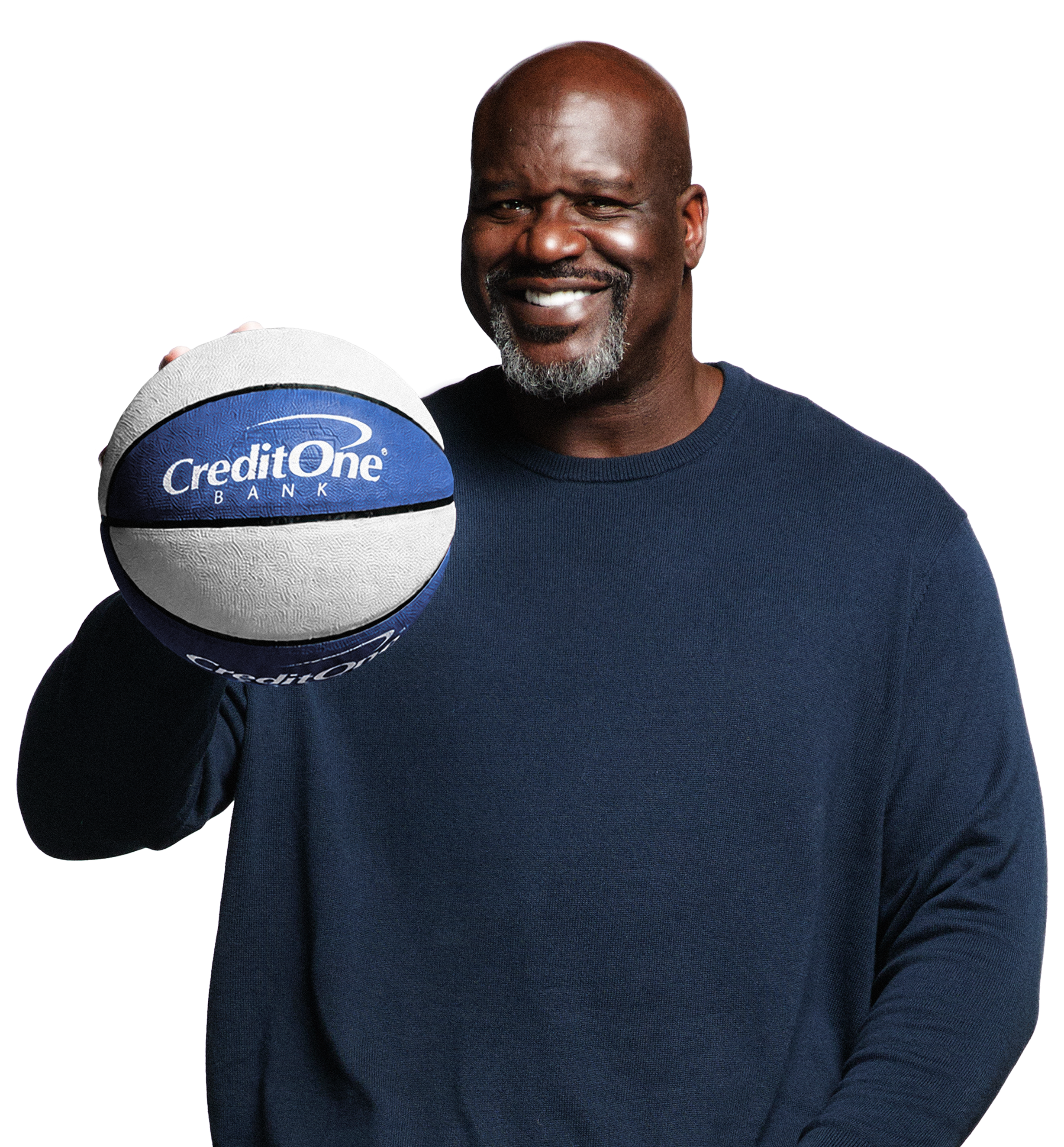 Smiling man holding a blue and white basketball with the 'CreditOne' logo, wearing a navy blue sweatshirt.
