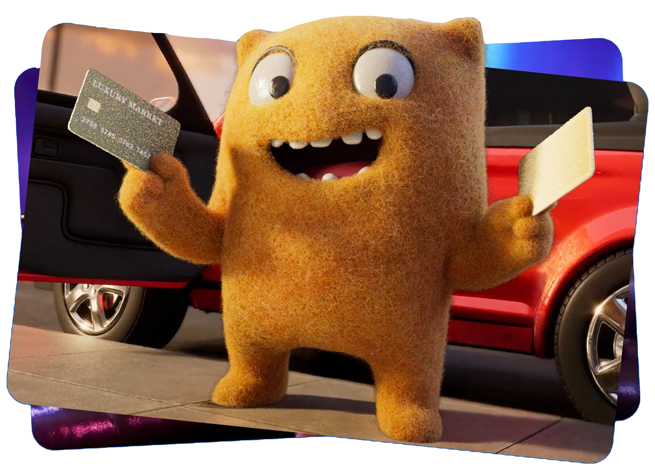 A creative mascot with a face resembling a slice of bread, large eyes, and a wide smiling mouth, standing in front of a red sports car holding a gold credit card and a white rectangular object.