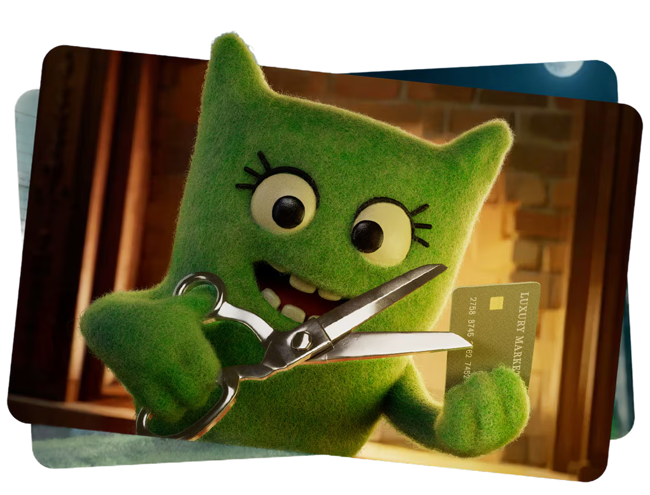 Close-up of a green plush toy with large round eyes, black eyelashes, and a black nose, holding a pair of silver scissors, with a background of a brick wall and a blue ceiling with a circular light.
