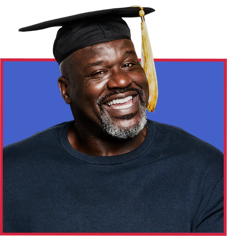 Smiling man wearing graduation cap and gown, against a colorful background.