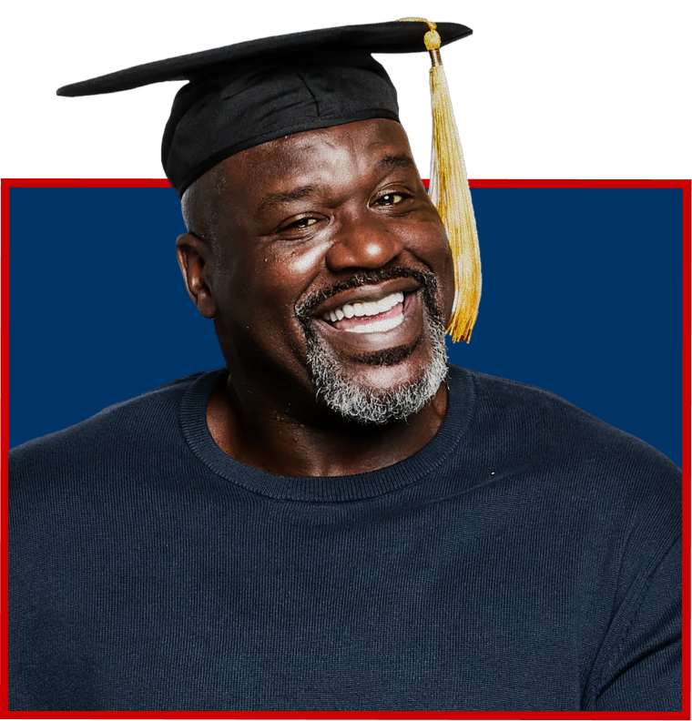 Smiling man wearing a graduation cap with a yellow tassel, dark shirt, and gray beard, against a blue background.