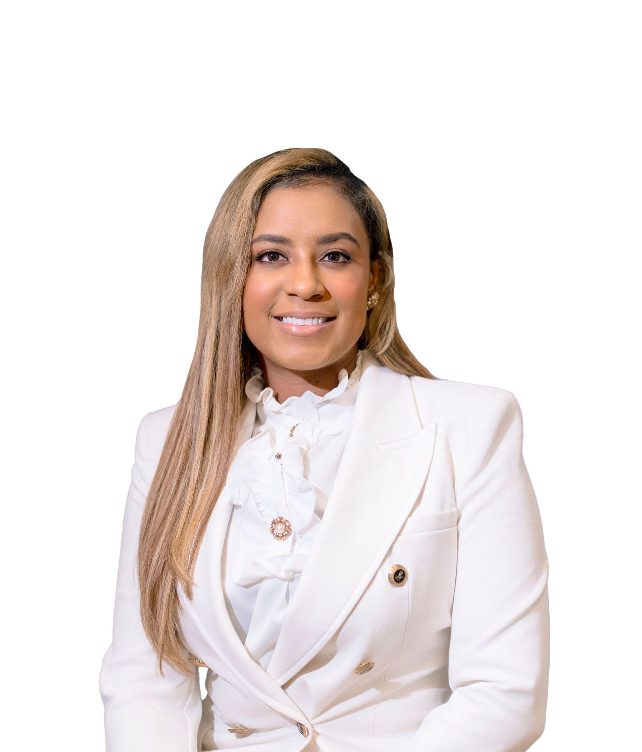 Professional woman with long blonde hair wearing a white blazer and ruffled blouse, smiling at the camera.