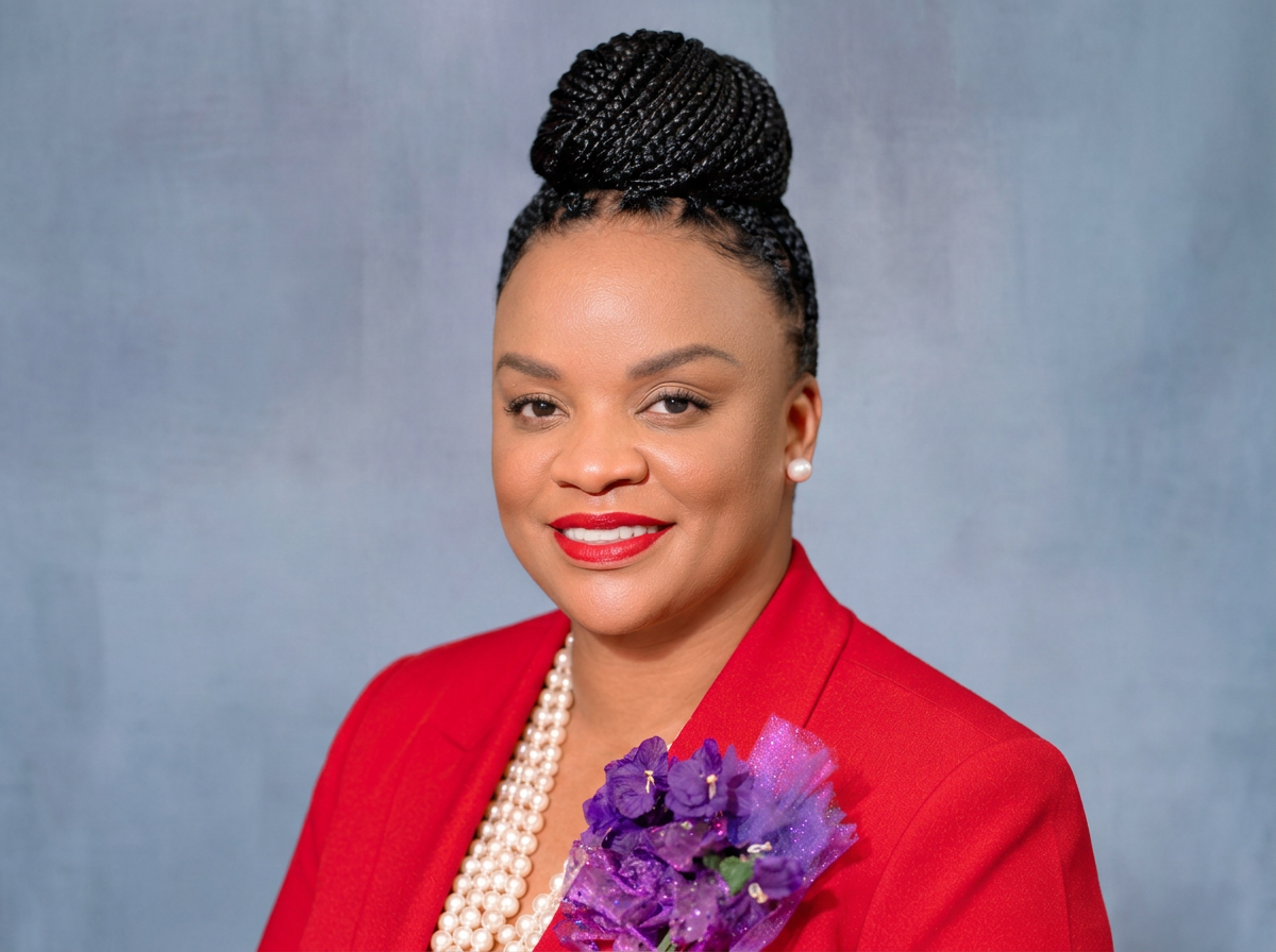 Professional woman with braided hair in an updo, wearing red blazer, pearl earrings and necklace, holding a bouquet of purple flowers, smiling against a blurred background.