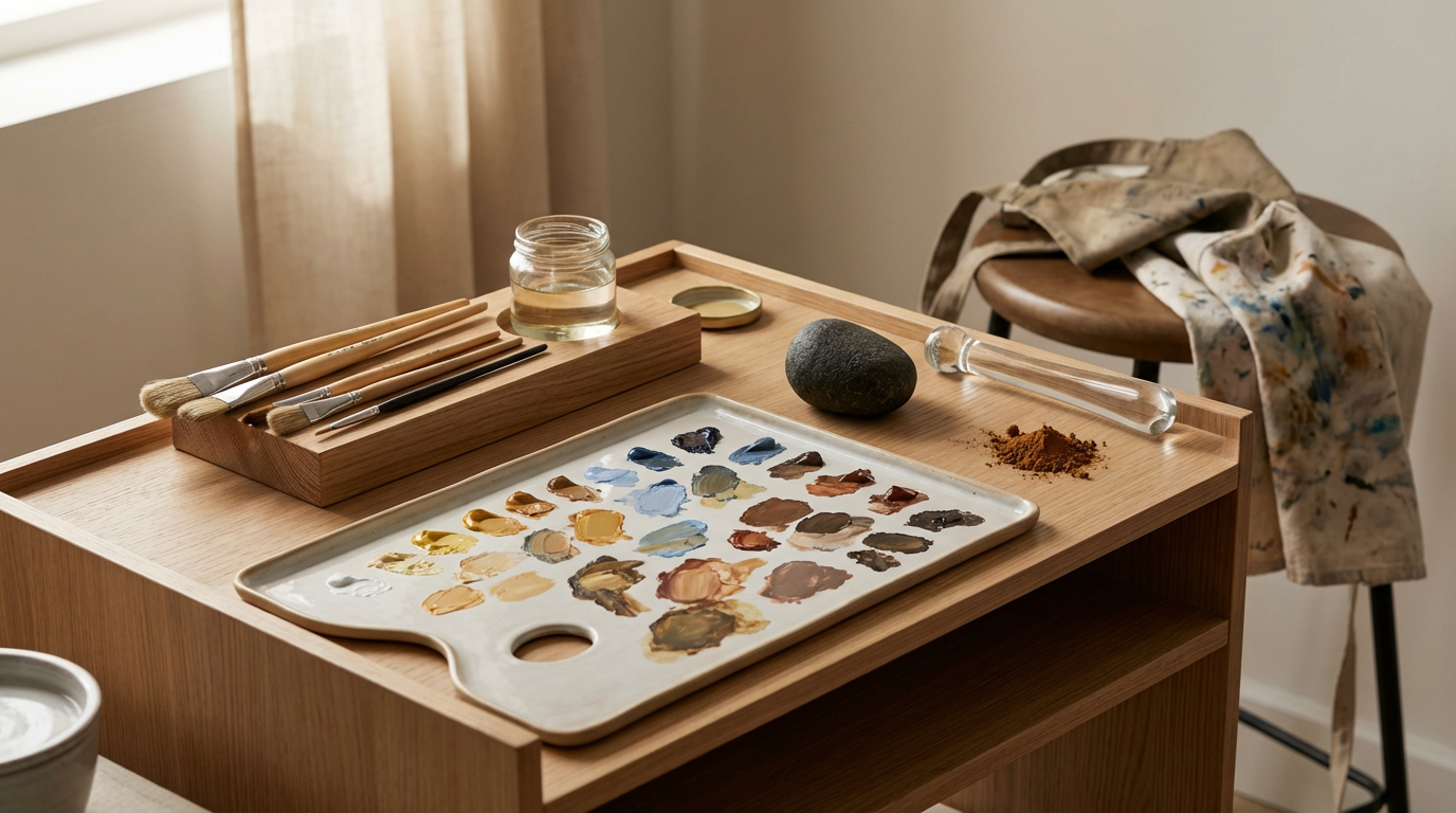Art workspace with paint palette, brushes, jar of water, stone, glass test tube, and scattered brown powder on wooden table; paint-stained apron hanging on chair in background.