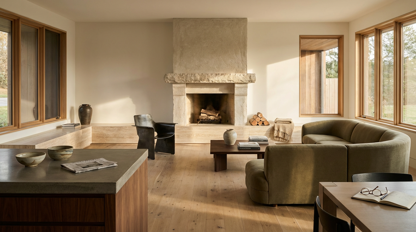 Living room with a stone fireplace, large windows, and wooden furniture, including a dark armchair, a green sofa, a coffee table with books and vases, and a dining table with glasses and an open book.