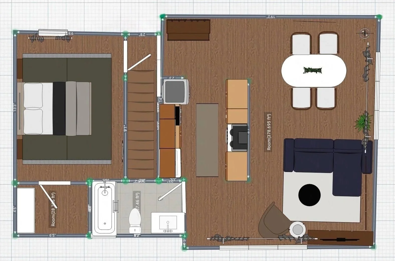 Floor plan of a one-bedroom apartment featuring a bedroom with a bed, a bathroom with a bathtub, toilet and sink, a kitchen with a refrigerator, stove, and cabinetry, and a living area with a dining table, chairs, a sofa, a coffee table, and a chair.
