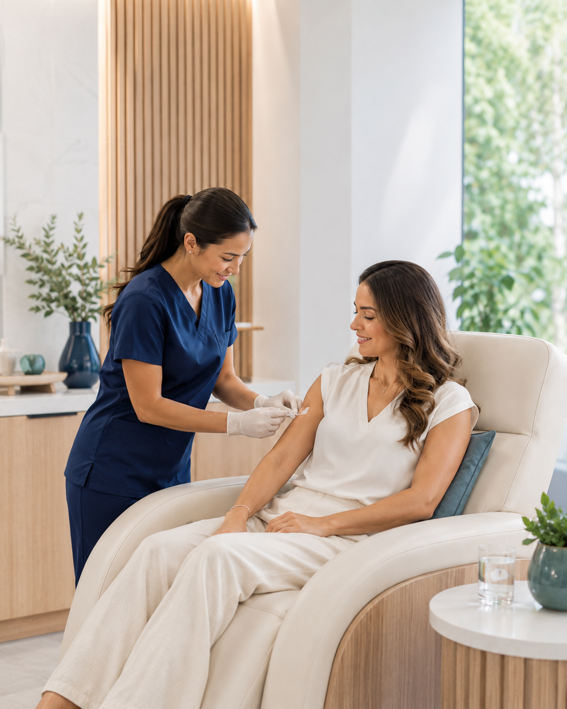 Wellness professional in navy scrubs administering an intramuscular wellness injection to a seated client.