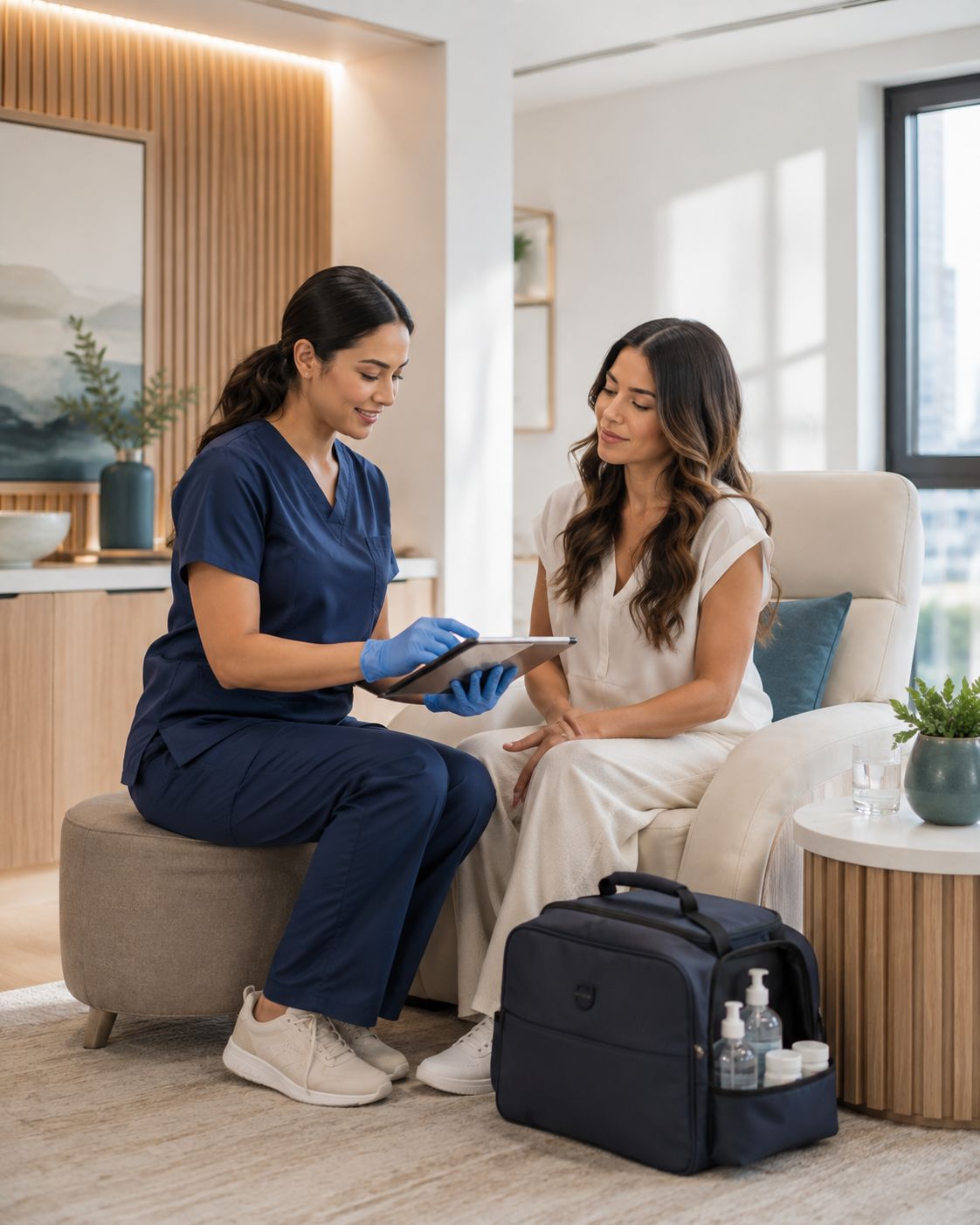 Wellness professional in navy scrubs reviewing information with a client during a mobile wellness visit.