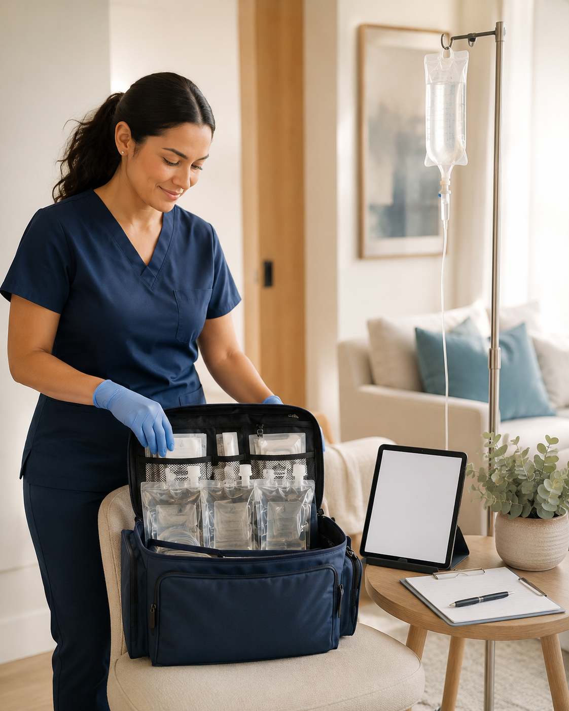 Wellness professional in navy scrubs organizing supplies for a mobile wellness visit in a bright home setting.