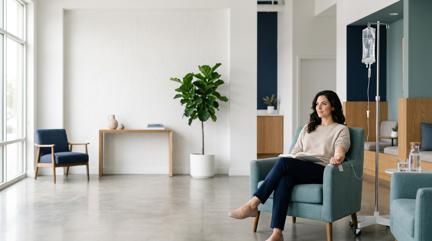 Woman seated comfortably in a bright modern wellness setting with an IV hydration setup nearby.
