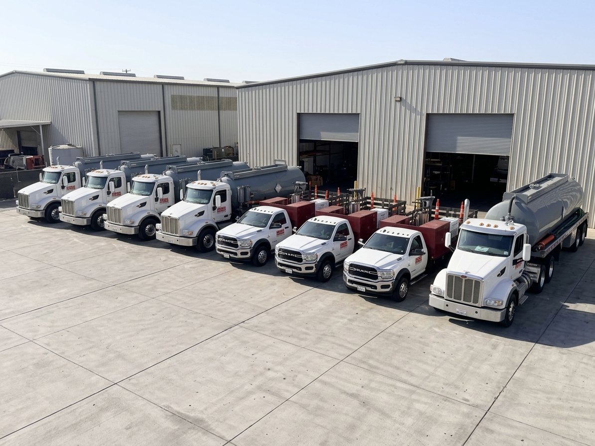 Lineup of fuel tanker trucks parked outside a warehouse with open bays.