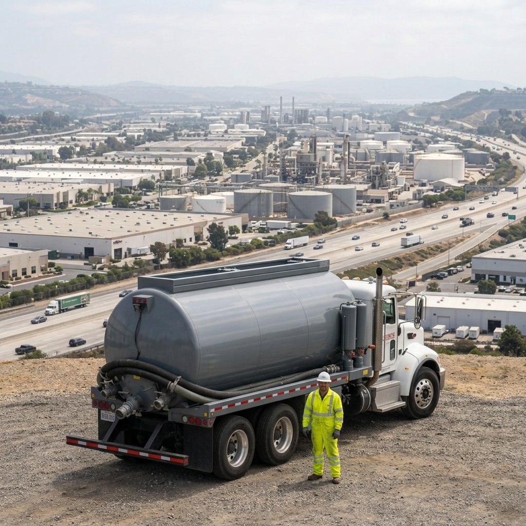 A worker in a yellow safety uniform and white helmet standing in front of a large industrial tanker truck on a dirt hill. In the background, an industrial complex with storage tanks, buildings, and a highway with moving vehicles is visible under a cloudy sky.