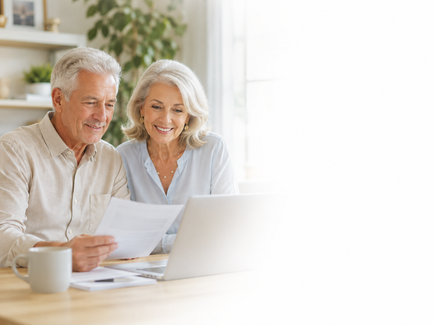 An elderly couple sitting at a table, looking at papers and a laptop, with a mug and stationery nearby, in a bright, cozy room with houseplants and shelves.