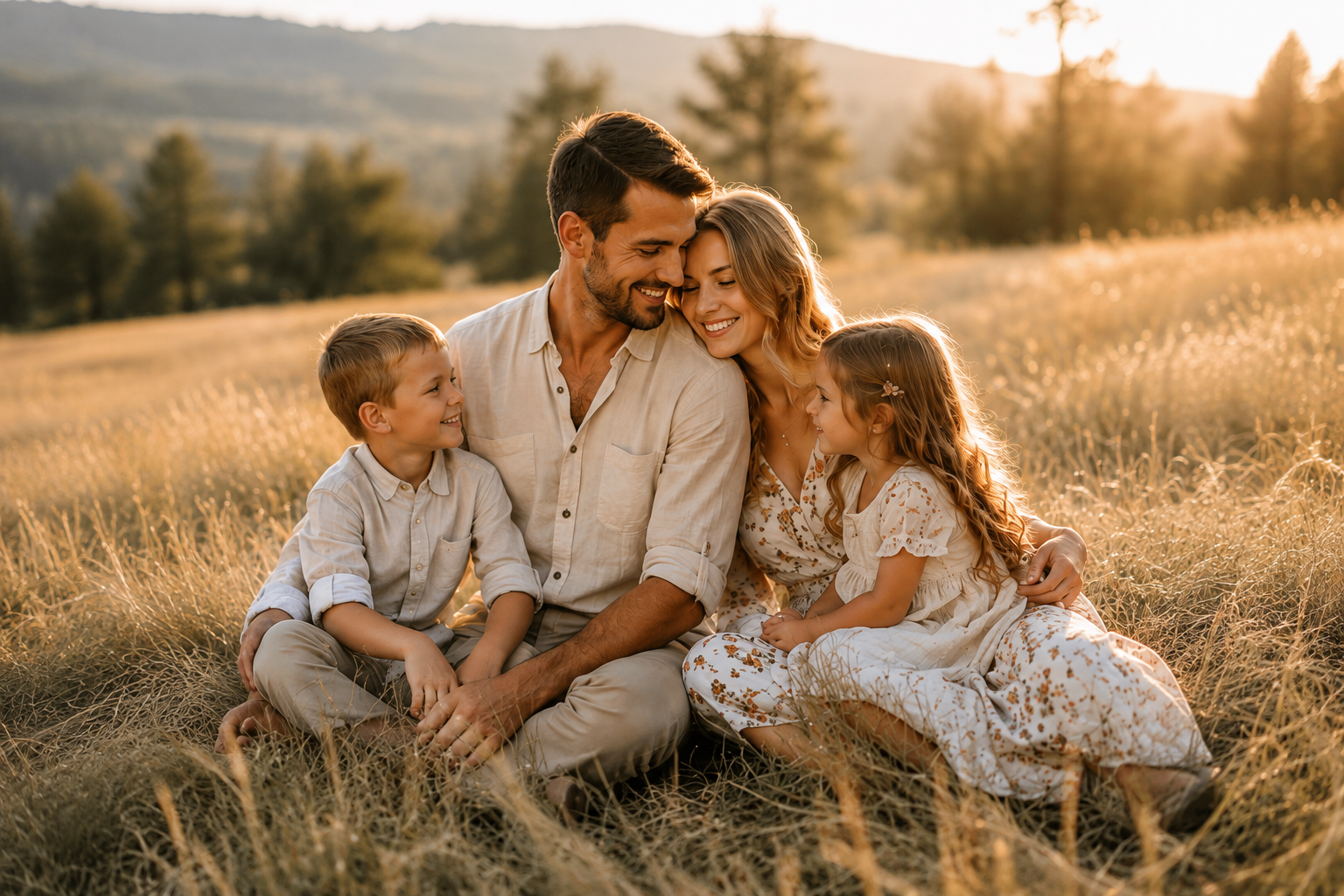 A happy family of four sitting in a field of tall grass during sunset. The father, mother, boy, and girl are smiling and close together, enjoying the moment.
