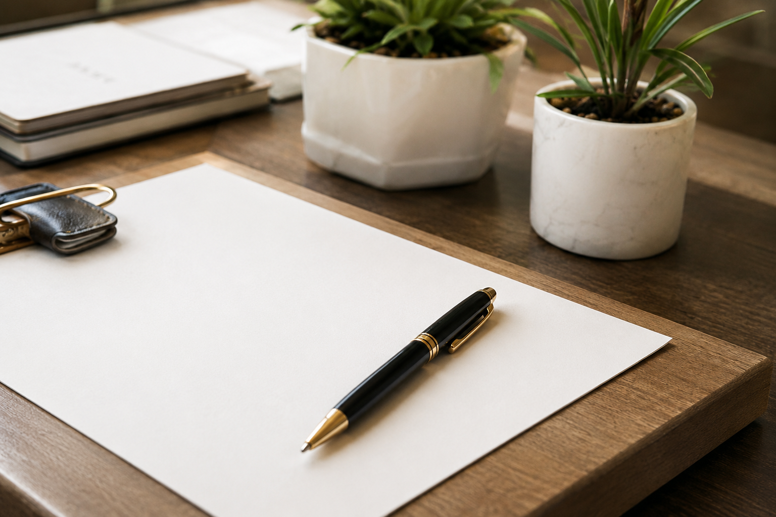A wooden desk with a blank sheet of paper, a black and gold pen, a set of keys, and potted plants in white ceramic pots. In the background, there are notebooks and additional plants.