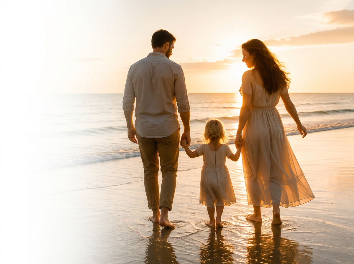 A family of three, a man, woman, and young girl, walking hand-in-hand along the beach at sunset, with the ocean and sky in the background.