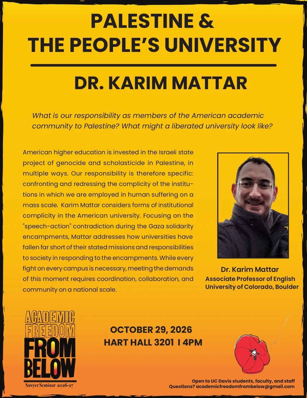 Flyer: Palestine and the People’s University, a talk by Dr. Karim Mattar, October 29, 2026, Hart Hall 3201, 4 PM. Opens the Events page.