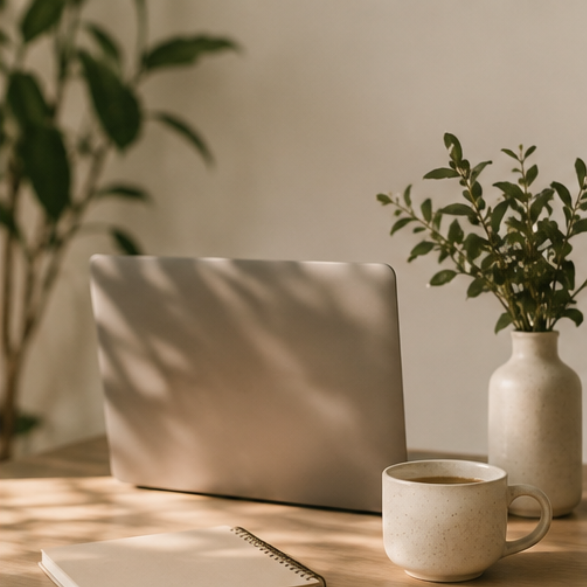 Laptop on a wooden desk surrounded by greenery, a notebook, and a cup of tea, representing a calm virtual therapy environment.