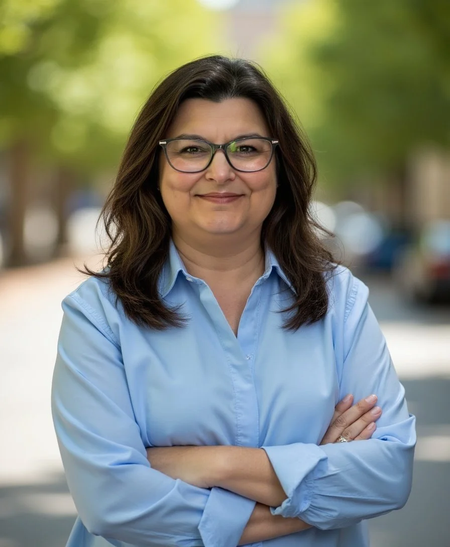 Therapist Lisa Haglund with shoulder-length dark hair, glasses, and a blue button-up shirt standing outdoors with arms crossed and smiling.