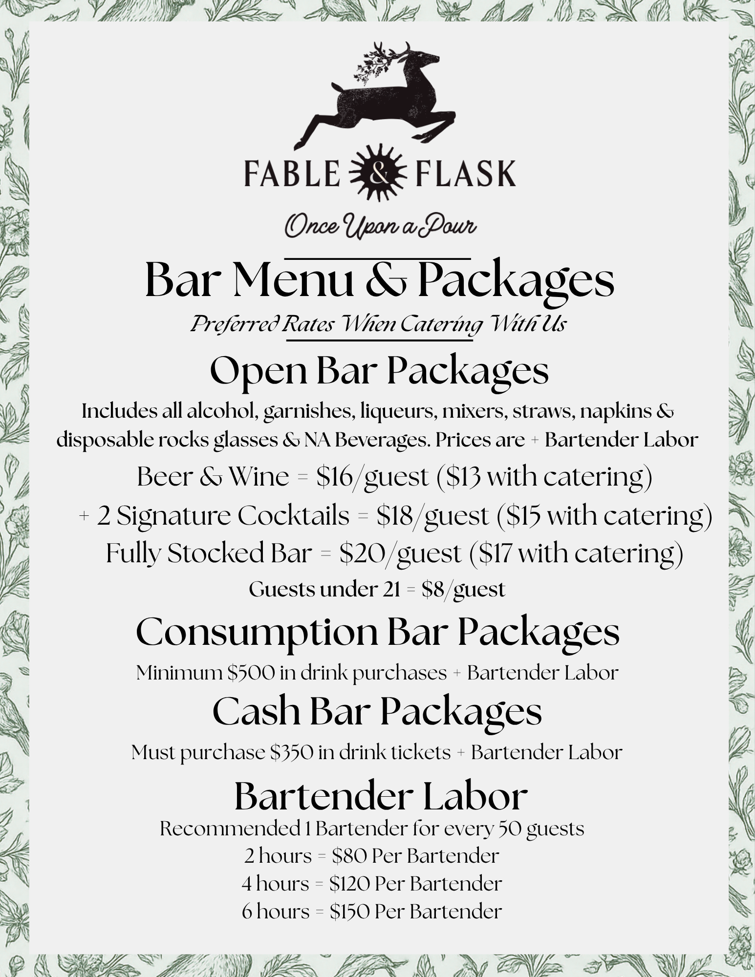 Bar menu for Fable & Flask, featuring bar packages, consumption bar packages, cash bar packages, and bartender labor details with floral border.