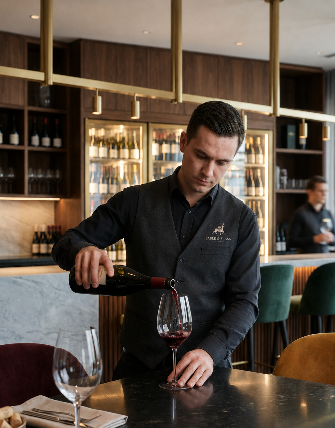 A man in a black vest pouring red wine into a wine glass at a restaurant bar while another staff member is in the background.