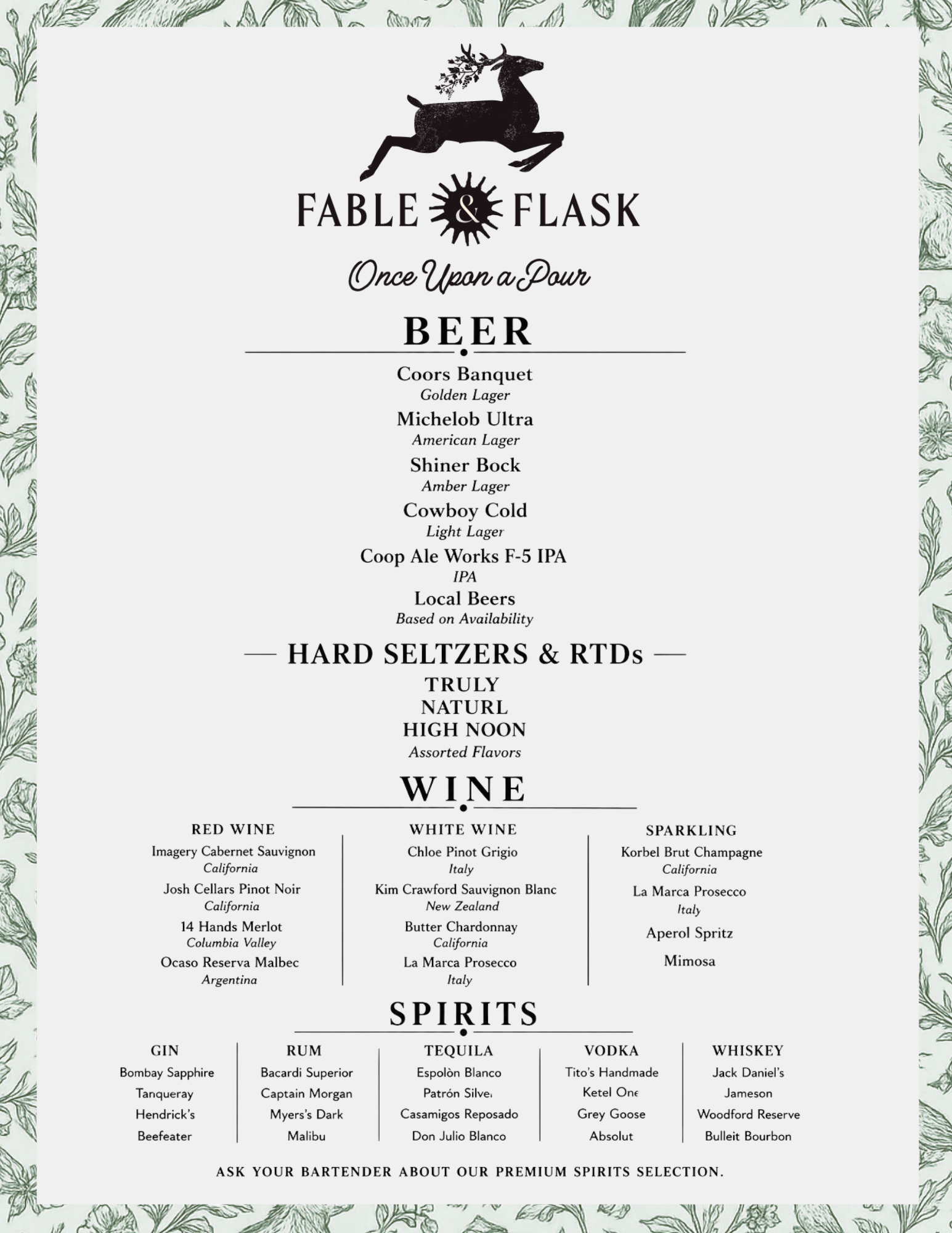 A drink menu titled 'Fable & Flask' with a logo of a leaping deer with antlers, surrounded by leafy branches. The menu features sections for beer, hard seltzers & RTDs, wine, and spirits.