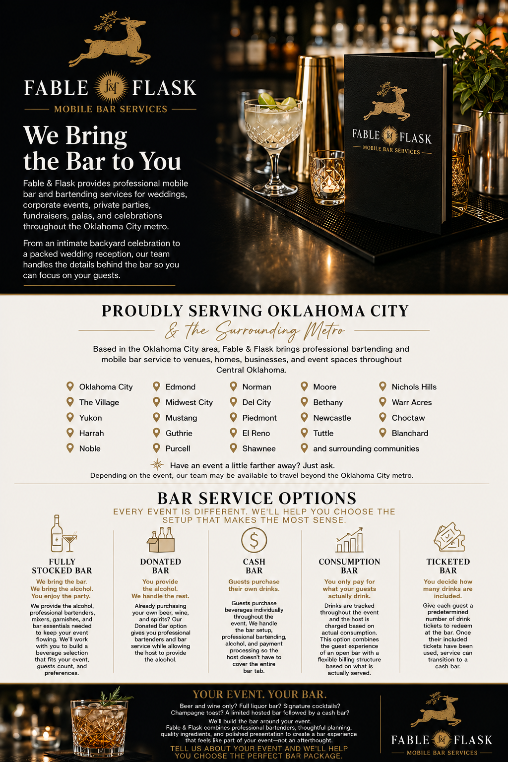 A promotional flyer for Fable & Flask Mobile Bar Services featuring their logo with a gold deer, contact information, list of service areas, and bar service options with descriptions and icons, alongside a photograph of a bar setup with cocktails and bar tools.