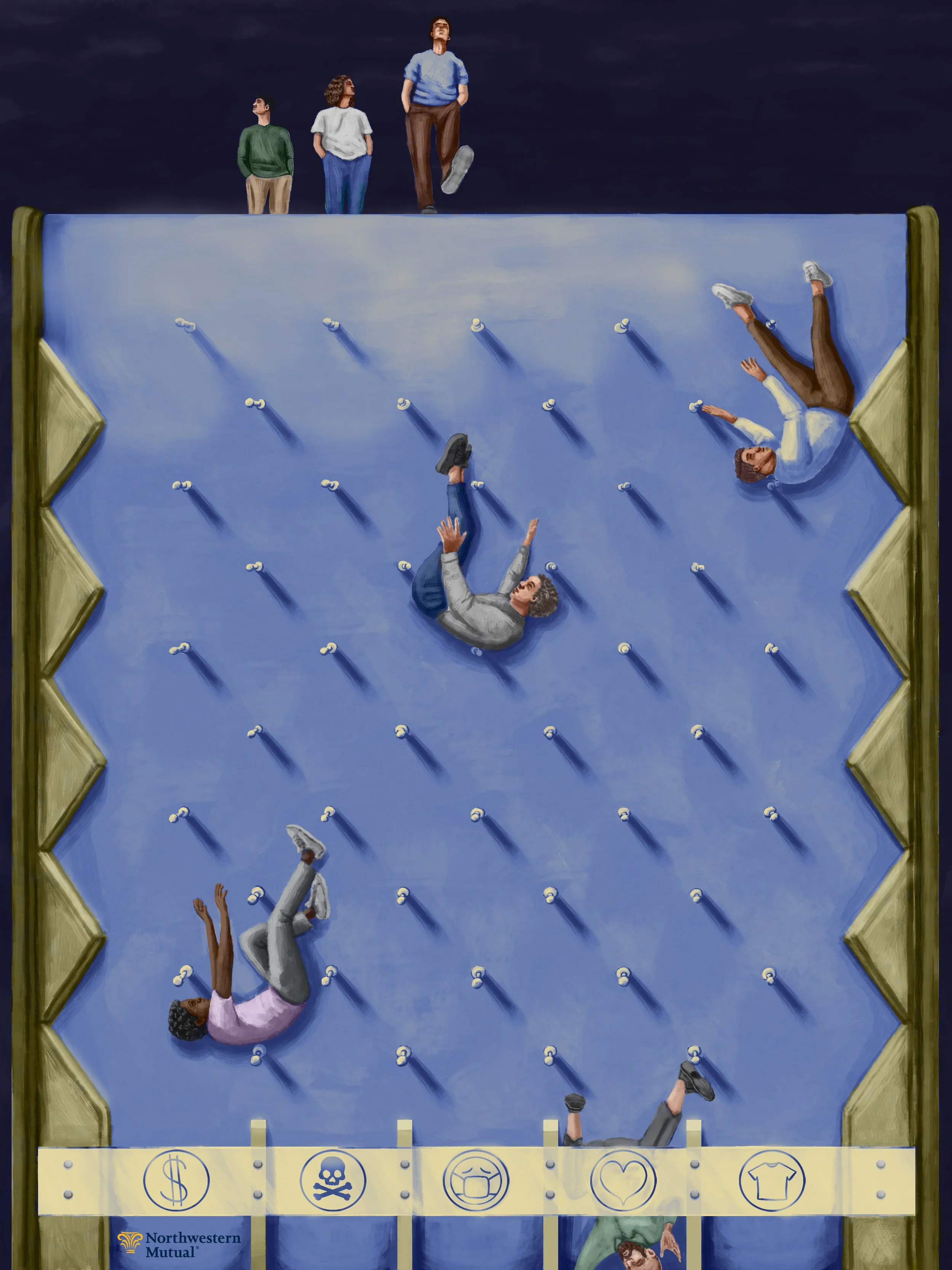 Certain Uncertainty
Digital
2024 
An illustration depicting individuals falling down a plinko board to comment on the uncertainty of decisions and life. 