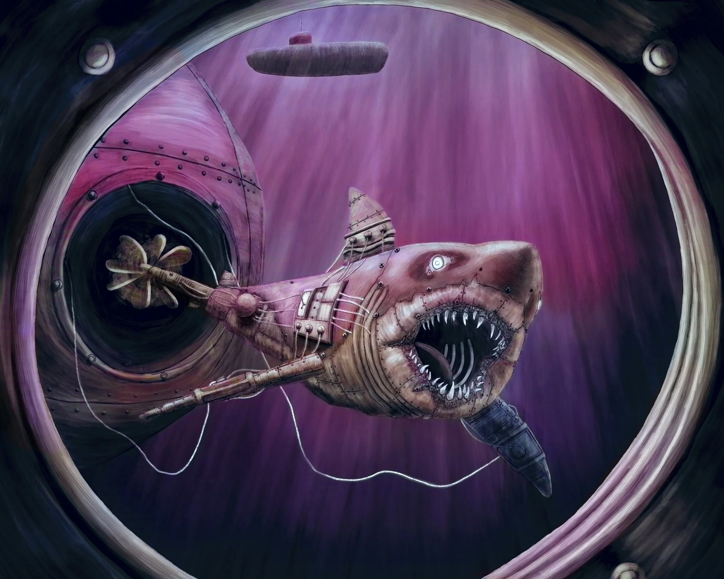 Special Operations Fish
Digital
2024
A conceptual illustration depicting a futuristic shark used for warfare as a commentary on the effects of war on the ocean.