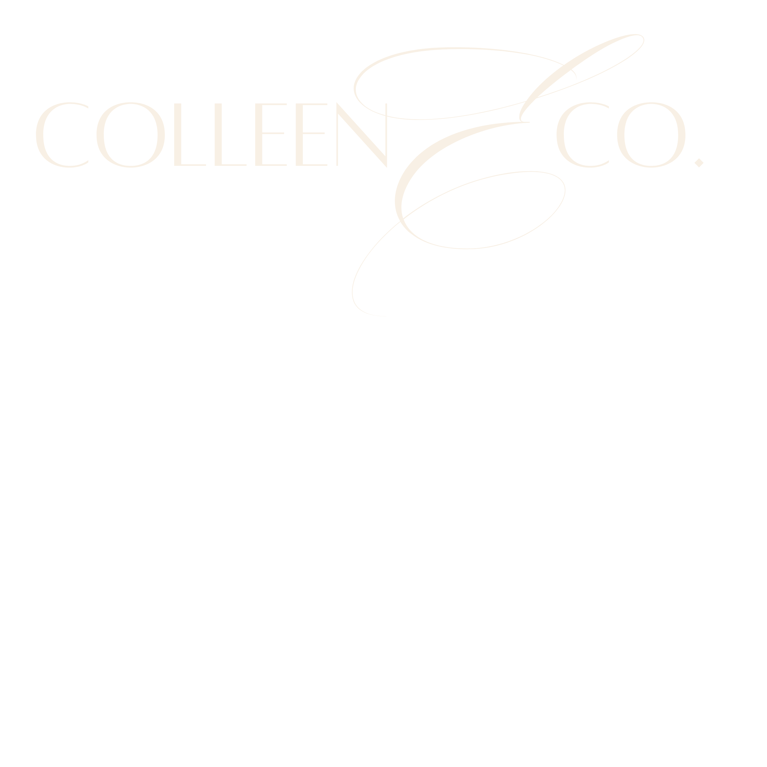The image displays the text 'COLLEEN CO.' written in a stylish font with decorative swirls around the words on a black background.