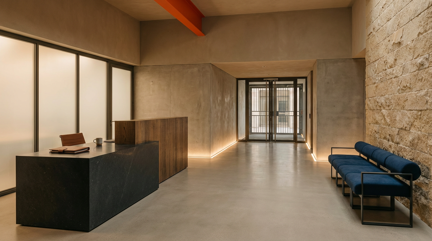 Modern lobby with minimalist decor, a black reception desk, a wooden partition, blue cushioned bench against textured stone wall, sliding glass doors at the end, and soft lighting along the floor.