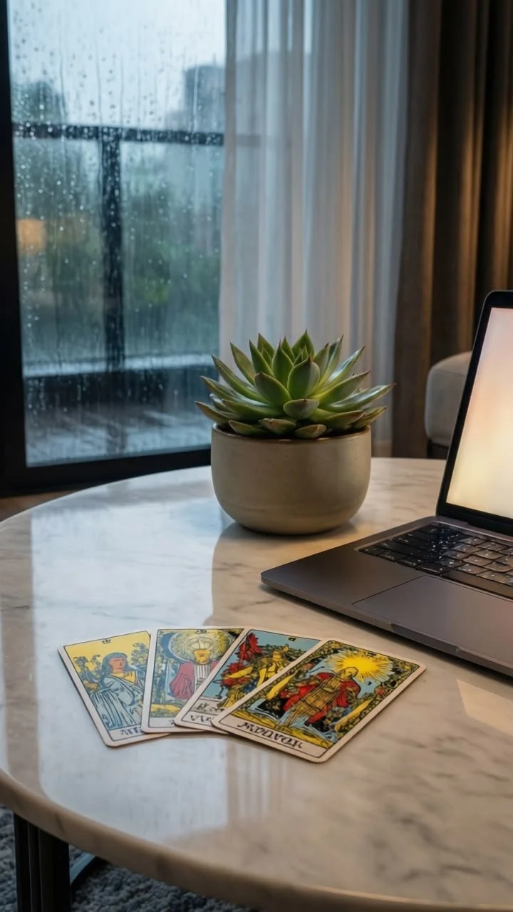 A marble table with four tarot cards, a potted succulent, and a laptop, with a rainy window and curtains in the background.