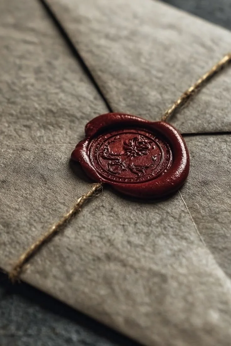 A sealed envelope with a red wax seal and a gold string on a gray textured surface.