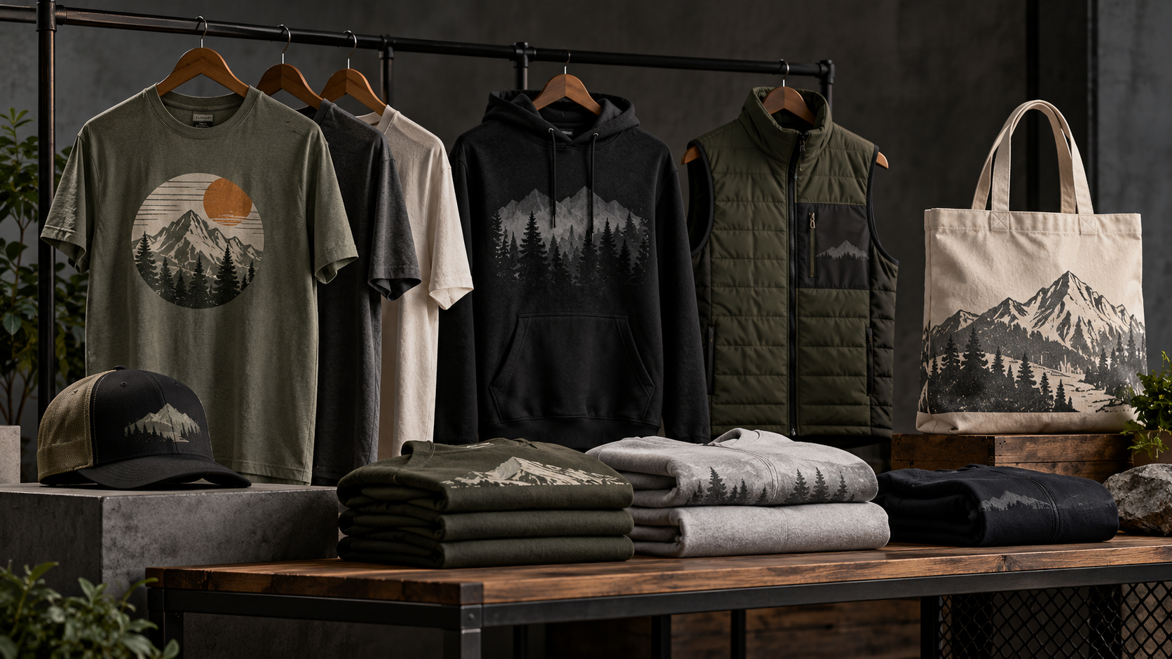 Display of outdoor-themed clothing and accessories with mountain and forest designs, including t-shirts, hoodies, a vest, caps, and a tote bag.