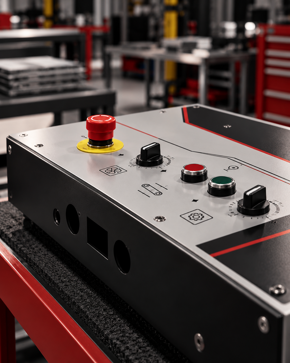 Industrial control panel with red emergency stop button, black and green power buttons, and a control dial in a factory setting.