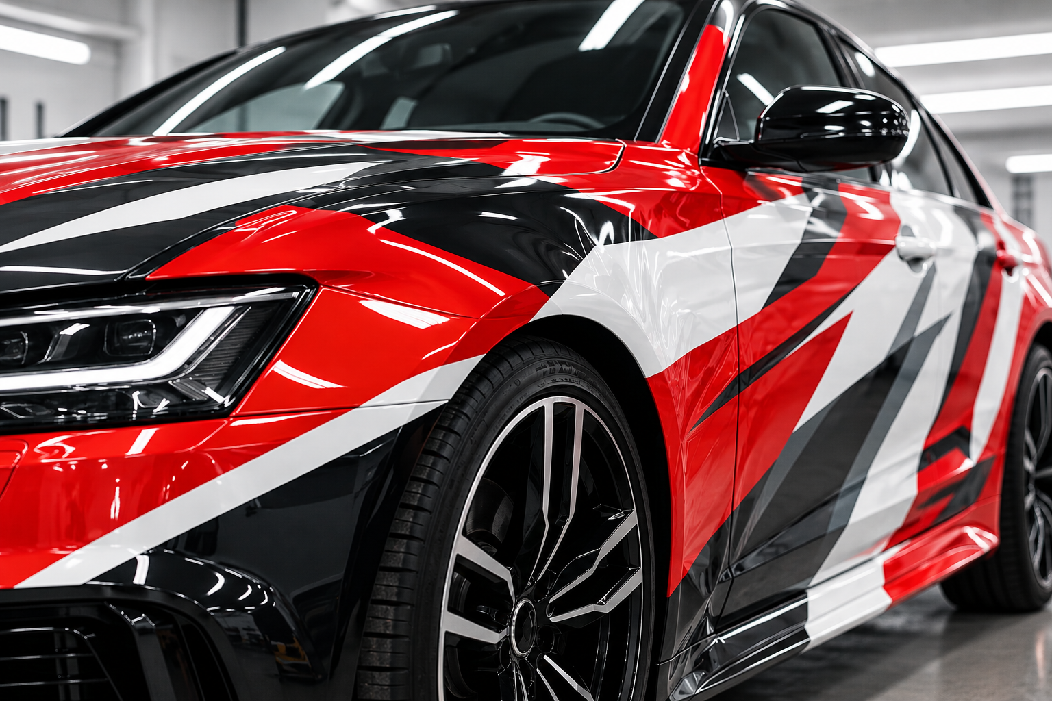 Close-up of a red, black, and white sports car with racing stripes in a garage.