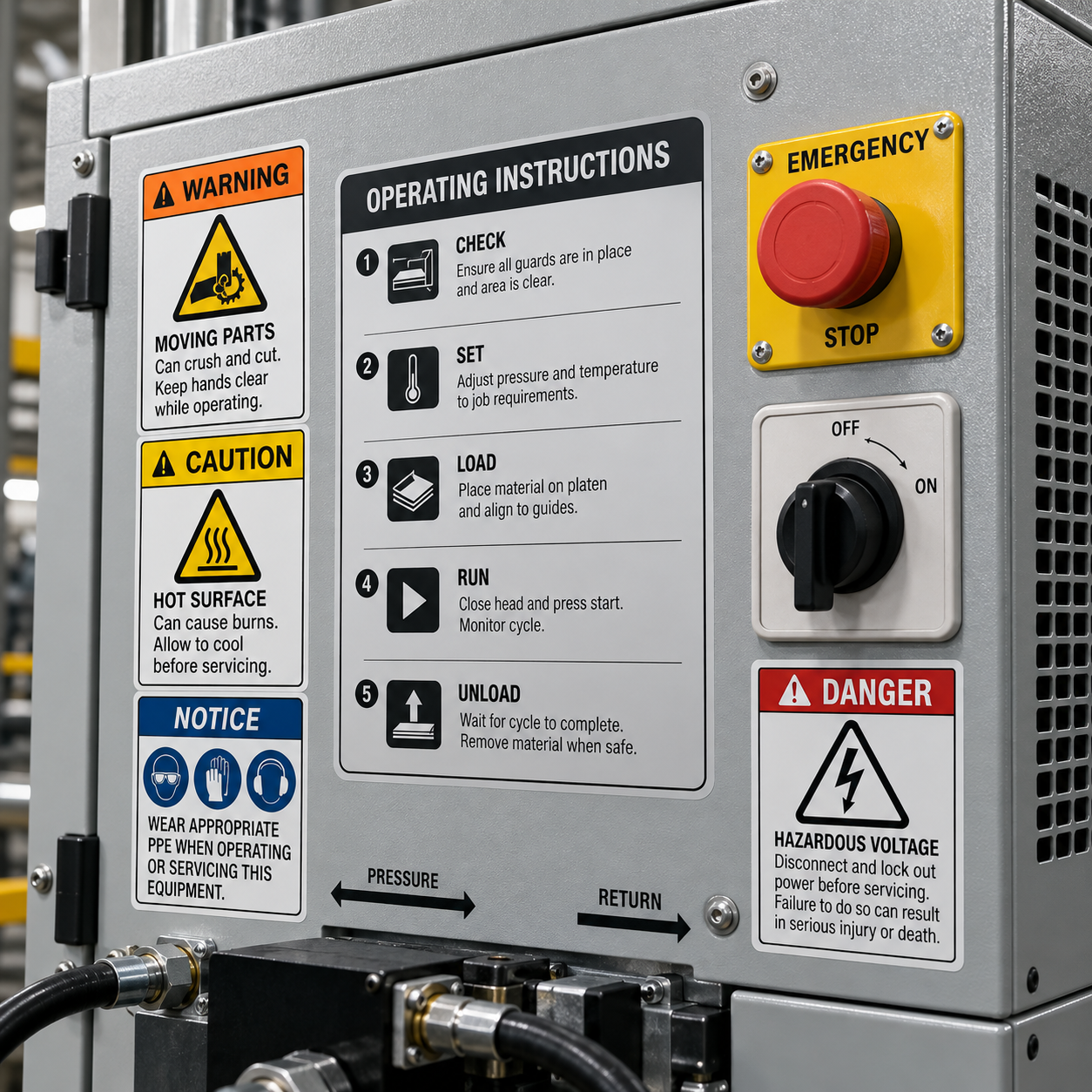 A metal control panel with warning, caution, notice, emergency stop buttons, and operational instructions for machinery, including pressure and cycle management.