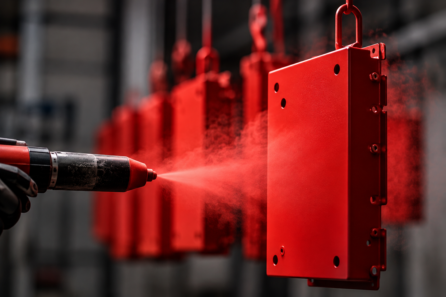 A worker is using a spray gun to apply a red coating to metal panels, with several finished red metal panels hanging in the background.