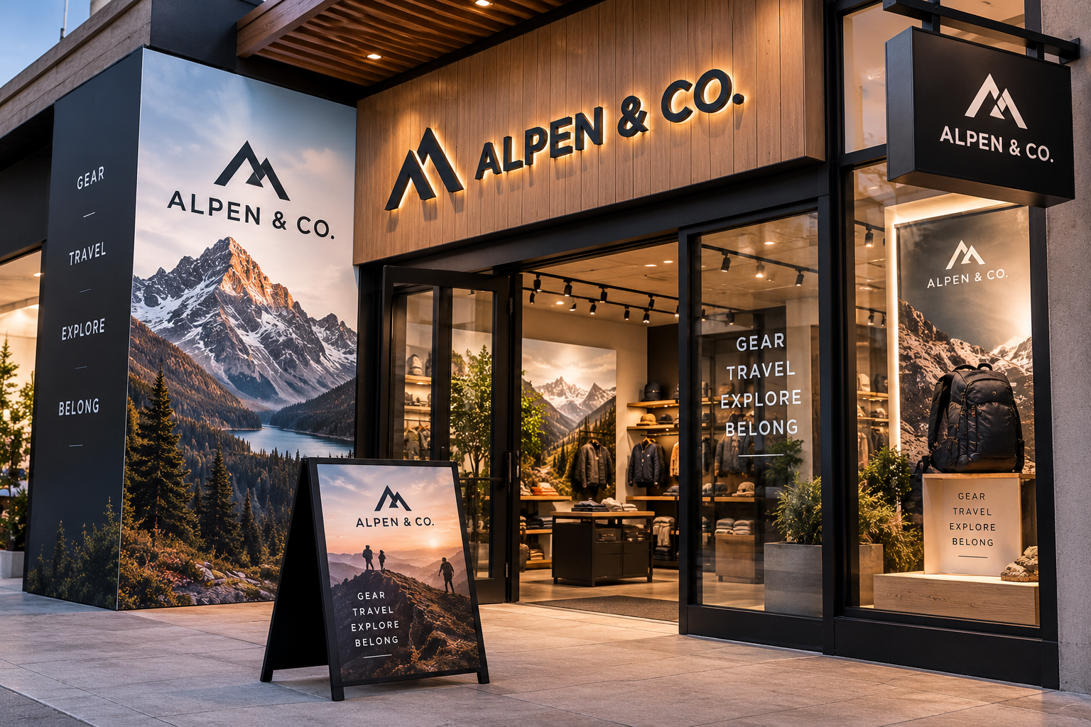 Exterior of a retail store named Alpen & Co, selling outdoor gear. The storefront features mountain landscape images, the store's name, and the words 'Gear, Travel, Explore, Belong'.