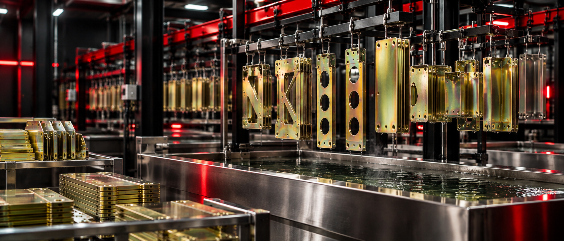 Metal components suspended on racks in a conversion coating production line