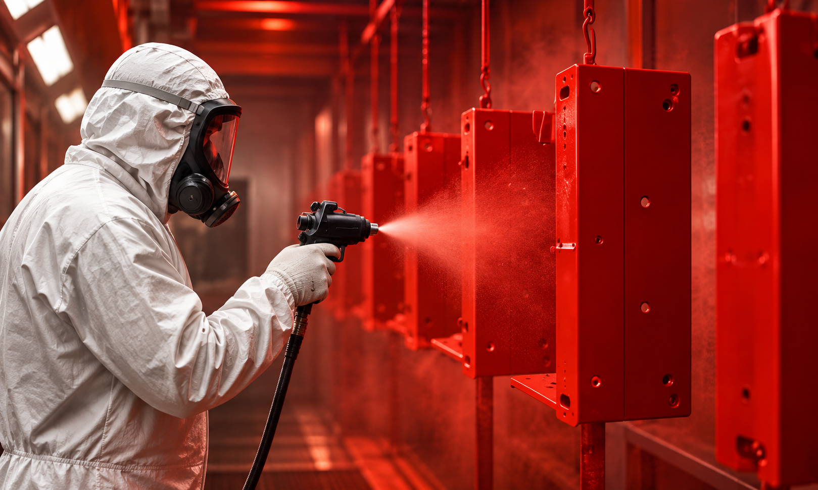 A person in protective gear, including a white suit and a respirator mask, is using a spray gun to paint or coat large red metal panels in an industrial setting.
