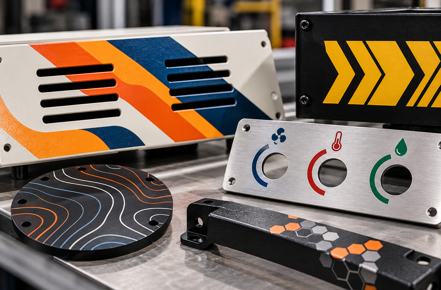 Electronics components with colorful designs and symbols for HVAC or industrial control systems.